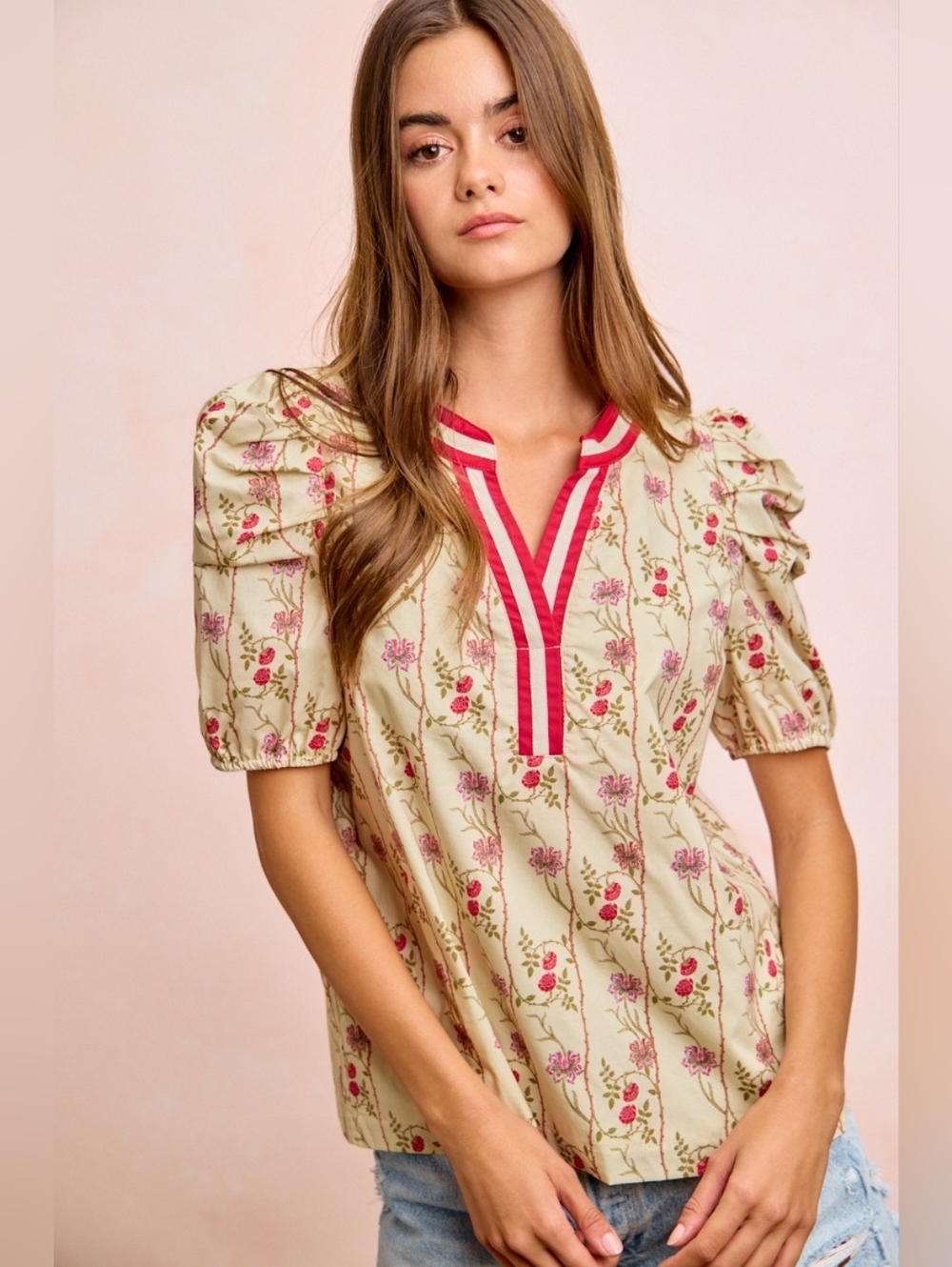 BiBi Floral Gather Sleeves Contrast Neckband Blouse Top- Cream And Pink - Picture 2 of 9
